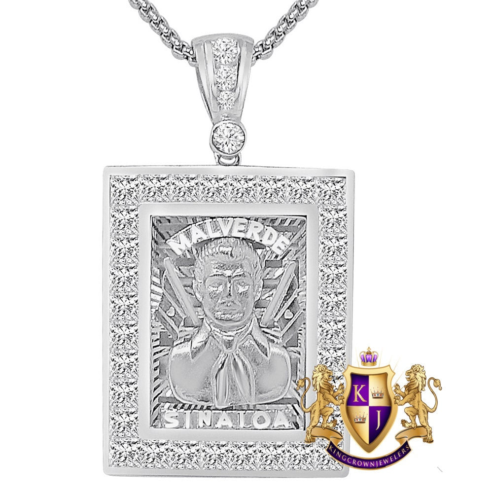 23+ Grams Real Sterling Silver 14K Gold Over Diamond Jesús Malverde Sinaloa Narco-Saint Protección Medalla Frame Charm Pendent 2.15'' +Chain
