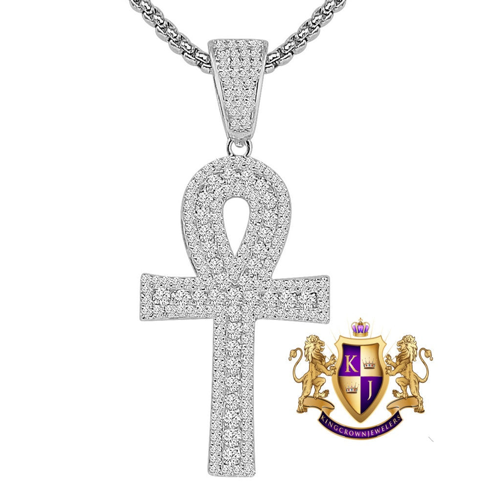 1.65'' Real Genuine Sterling Silver Simulated Diamond 14K Gold Over Egyptian Ankh Cross Charm Pendent Chain Set