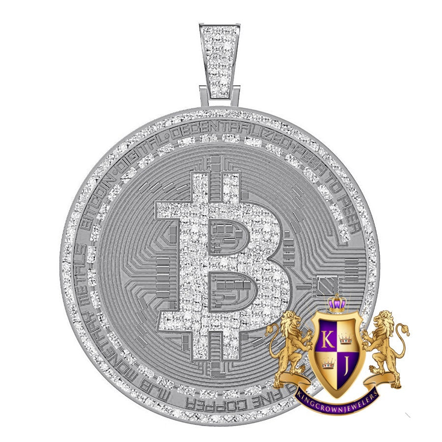 Real Genuine Diamond 0.60 Cwt. 21+ Grams Custom Piece Bitcoin Digital Money Cryptocurrency 10K Gold Over Pendent Charm Medallion Big 2.5''