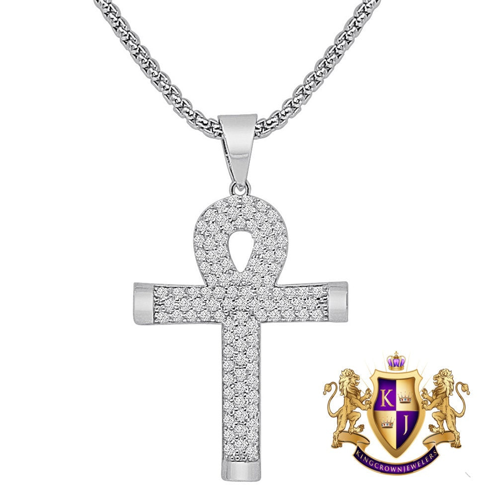2'' Sterling Silver Round Cut Simulated Diamond 14K Gold Over Egyptian Ankh Cross Charm Pendent + Free Chain