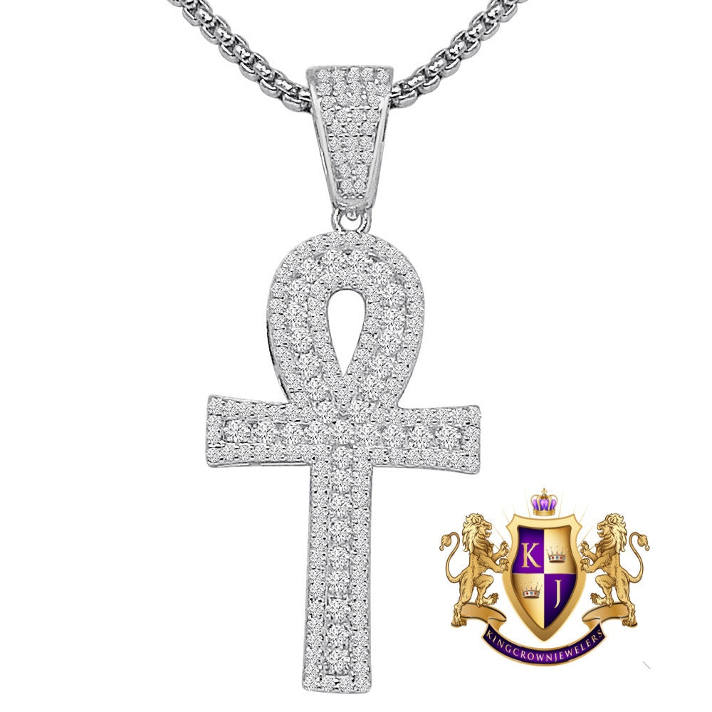 Sterling Silver Round Cut Simulated Diamond 14K Gold Over Egyptian Ankh Cross Small 1.55'' Charm Pendent + Free Chain