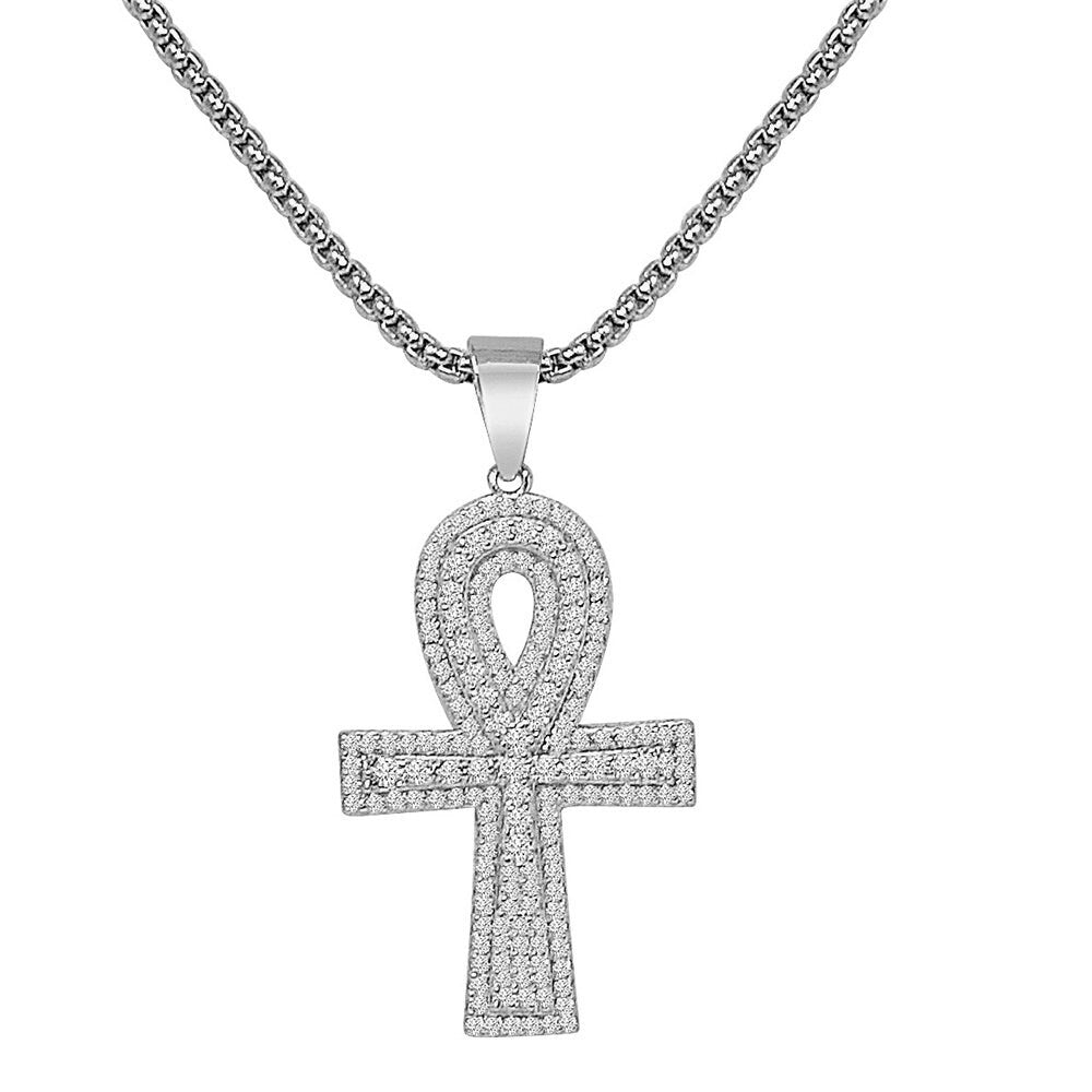 14K Gold Over Sterling Silver Round Cut Simulated Diamond Egyptian Ankh Cross Small 1.80'' Charm Pendent + Free Chain