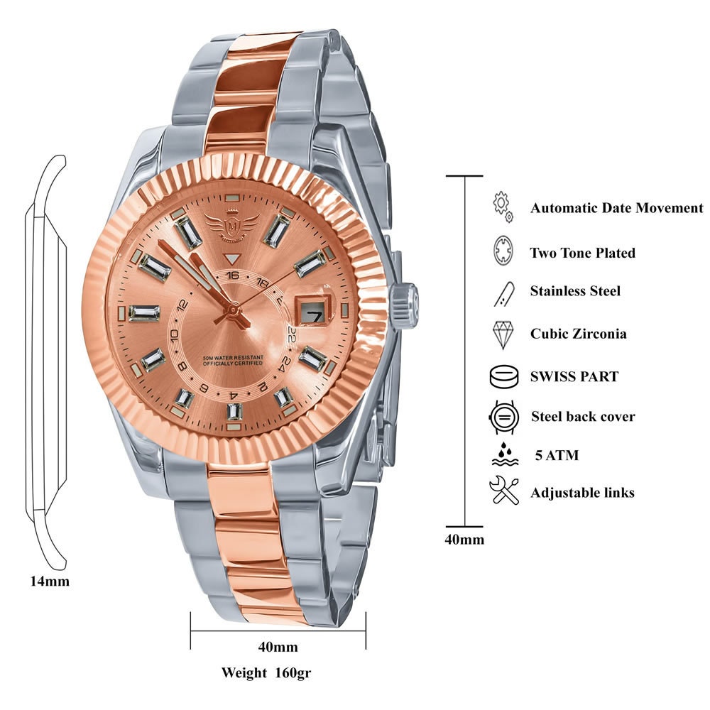 Solid Stainless Steel Full AUTOMATIC 18K 2 Tone Rose Gold Finish Copper Tone Simulated Diamond 40mm Men's Luxury Watch W/Date Function