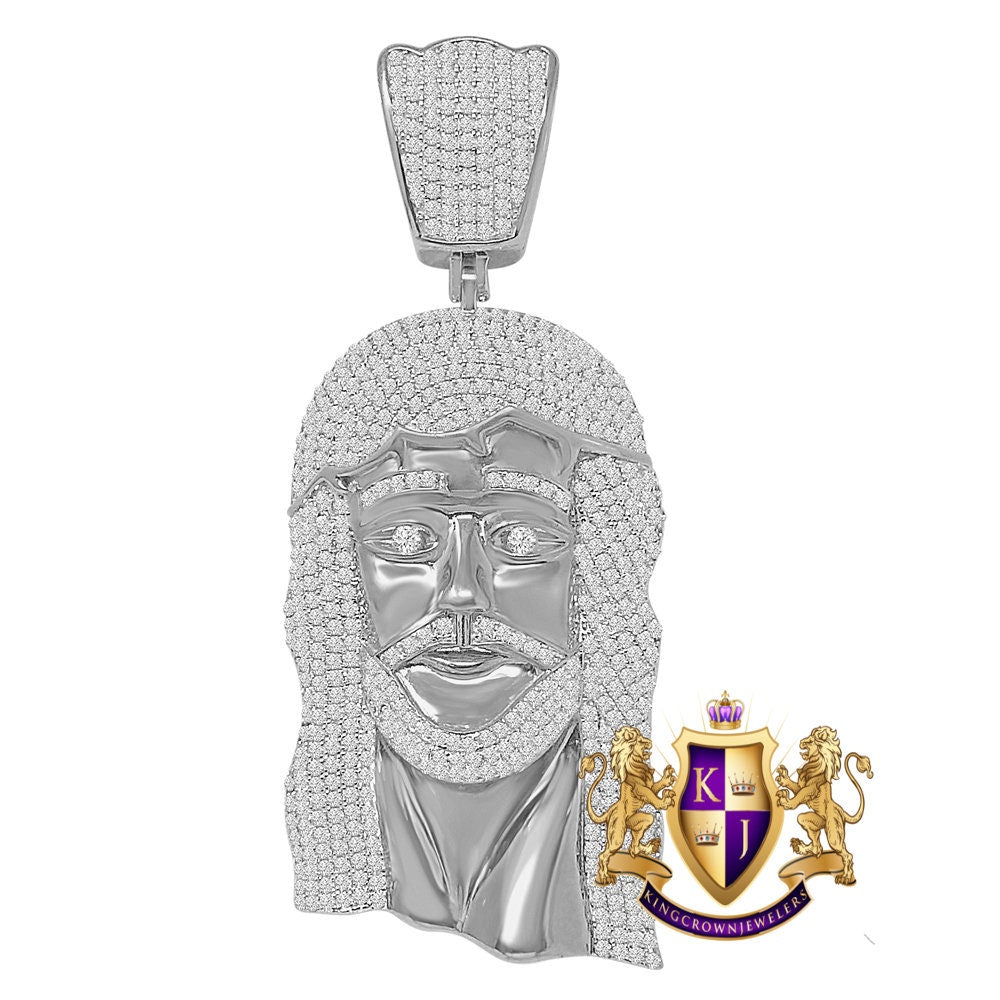 Real Genuine Sterling Silver 66 + Grams 14K Gold Over Custom Jesus Piece Face 9.00 Cwt. Simulated Diamond Pendant Charm Big XL 4''
