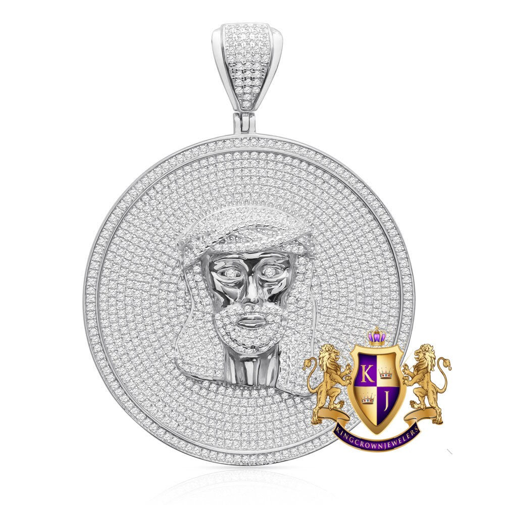 Big 2.75'' Real Genuine Authentic Italian Sterling Silver 14K Gold Over Jesus Face Piece Simulated Diamond Pendant Medallion Charm 37+ Grams