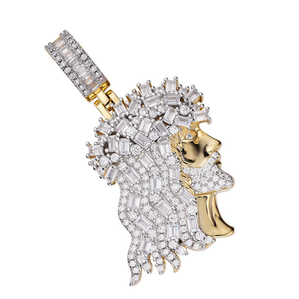Small 1.60'' Real Sterling Silver High Quality Baguette/Round Cut Simulated Diamonds Jesus Christ Face Piece Charm Pendent