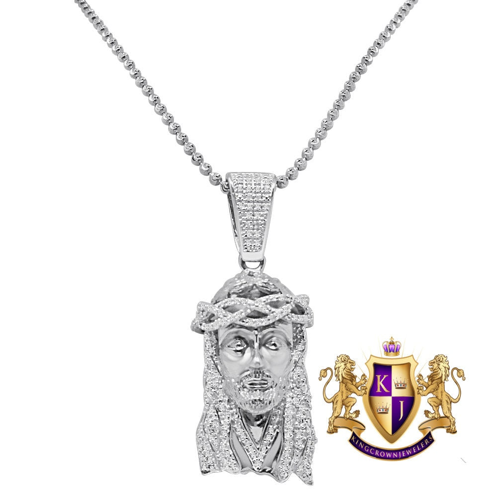 Real Genuine Authentic Diamond Jesus Face Piece 10K Gold Over Religious Charm Mini Small 1.75'' Unisex Pendent Chain Set