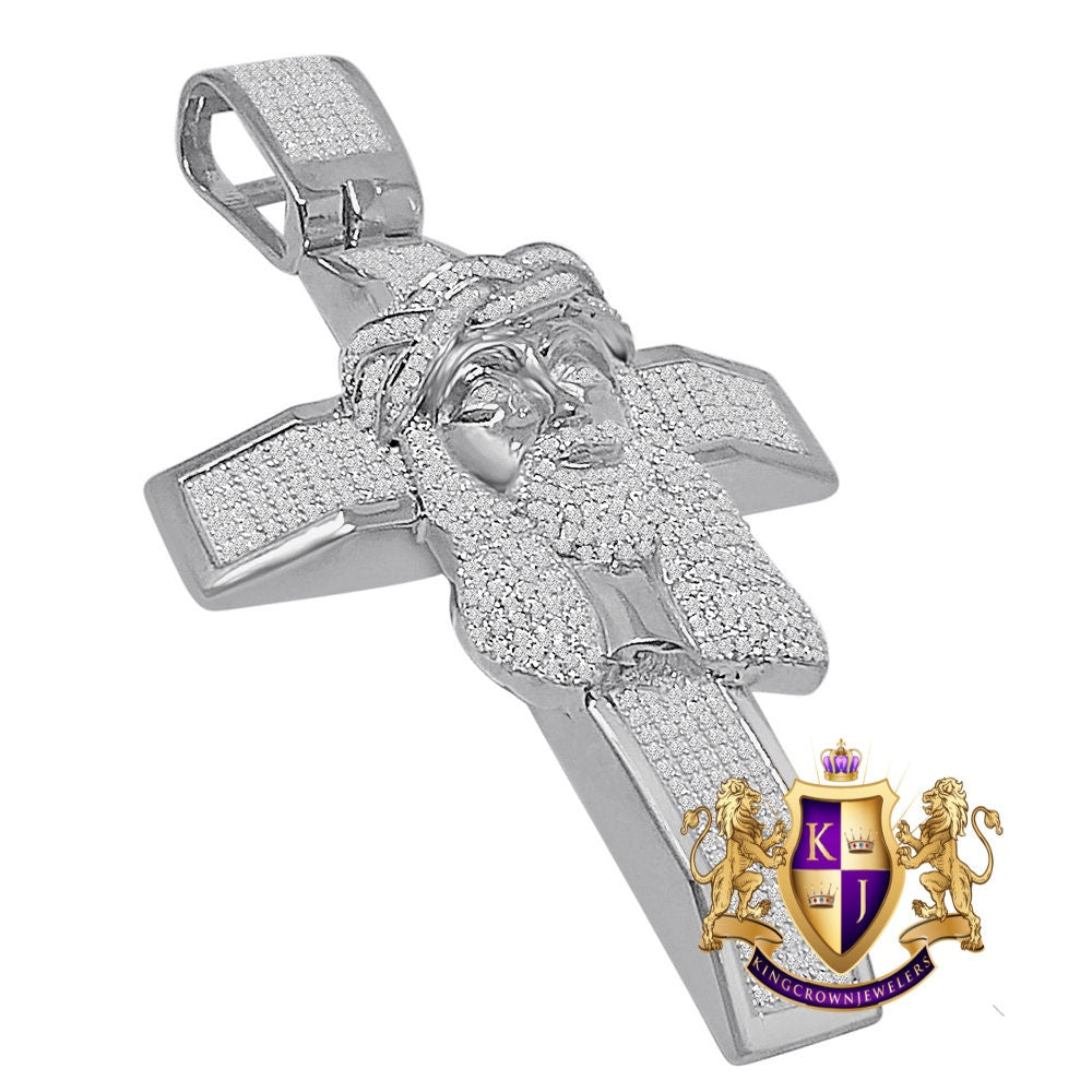 Real Genuine Sterling Silver 32+ Grams Big XL 3.5'' Jesus Face Cross Pendent Exclusive Custom Piece Simulated Diamond Religious Men's Charm