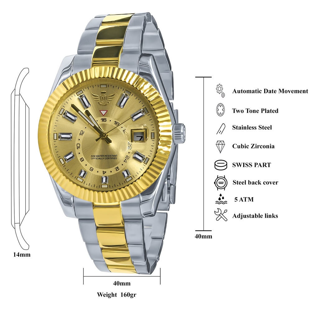 Solid Stainless Steel Fully AUTOMATIC 18K 2 Tone Gold Finish Simulated Diamond 40mm Men's Luxury Watch W/Date Function