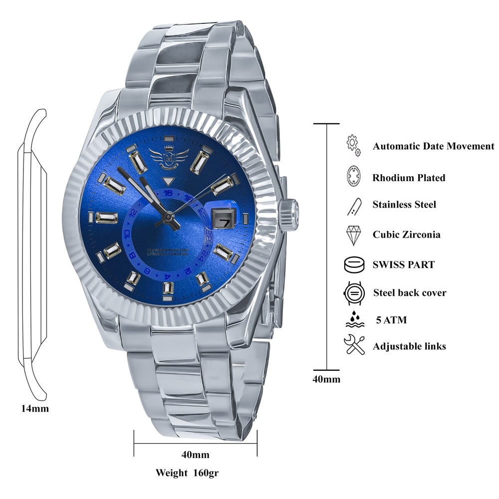 Solid Stainless Steel Blue Sapphire Dial Face Fully AUTOMATIC 18K White Gold Tone Simulated Diamond 40mm Men's Luxury Watch W/Date Function