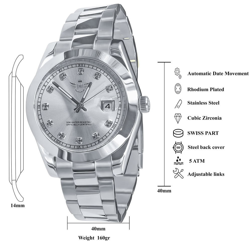 Men's Solid Full Stainless Steel AUTOMATIC 18K White Gold Tone Simulated Diamond 40mm Watch W/Date Function