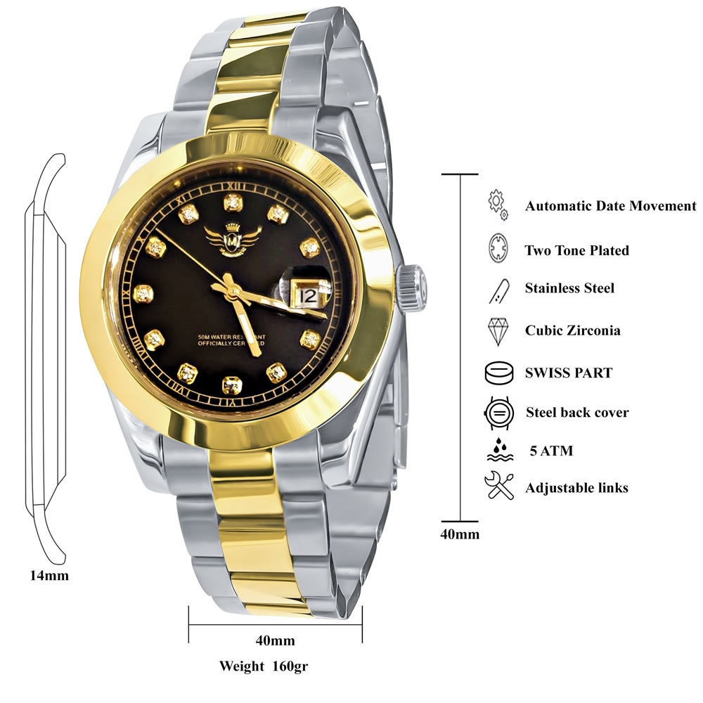 Coffee Brown Dial Face Men's Solid Full Stainless Steel AUTOMATIC 18K 2 Tone Gold Finish Simulated Diamond 40mm Watch W/Date Function