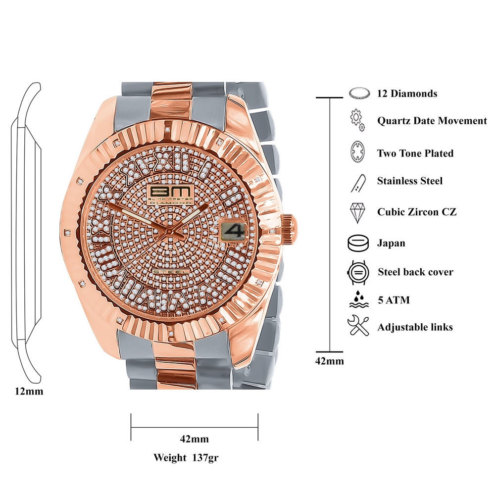 Roman Numeral Face Solid Stainless Steel Genuine Diamond Dial 18K 2 Tone Rose Gold Finish Copper Tone 42mm Men's Watch W/Date Function