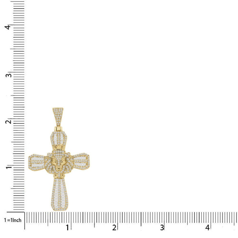 20+ Grams 14K Gold Over Baguette/Round Cut Simulated Diamond Jesus Christ Cross Lion Face Pendent Custom Charm Chain Set 2.25''