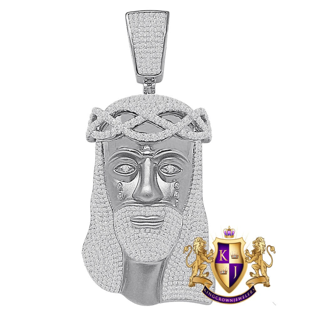 Big Huge 4.25'' Real Sterling Silver 100+ Grams 14K Matte Gold Over Custom Jesus Face Piece 9.00 Cwt. Simulated Diamond Cross Pendant Charm