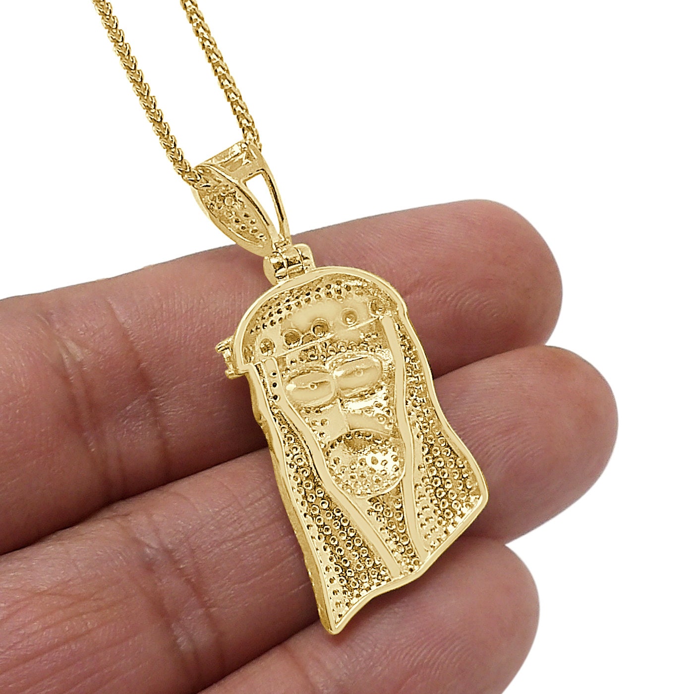 Unisex Real Authentic Genuine Diamond 1.20 Cwt. Jesus Face Piece Pendent 10K Gold Over Religious Charm Chain Set Small 1.75''