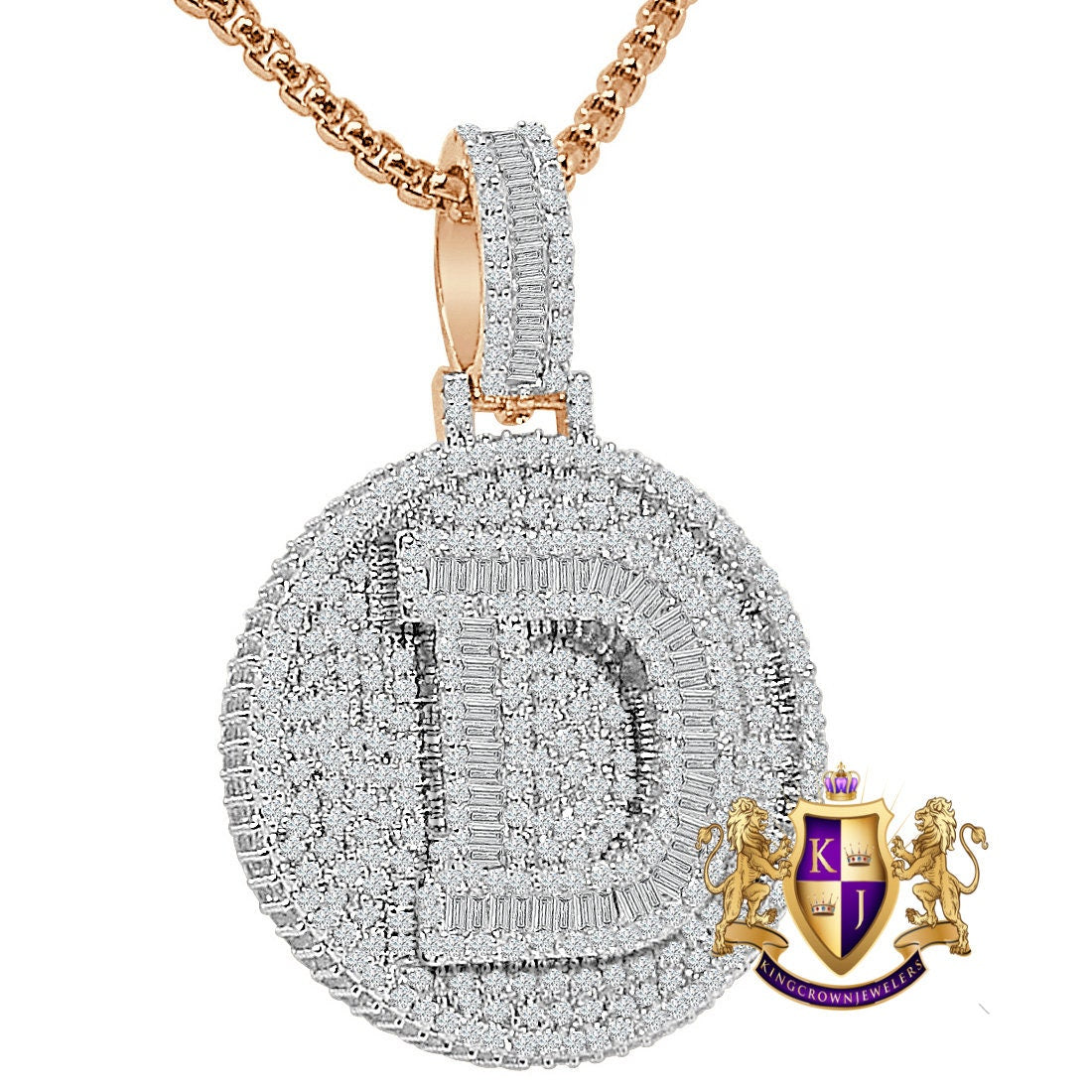 Baguette 3D 14K Rose Gold Over 2.00 Cwt. Simulated Diamond Initial Letter Alphabet Round Bezel Charm Custom Pendent Chain Set Small 1.65''