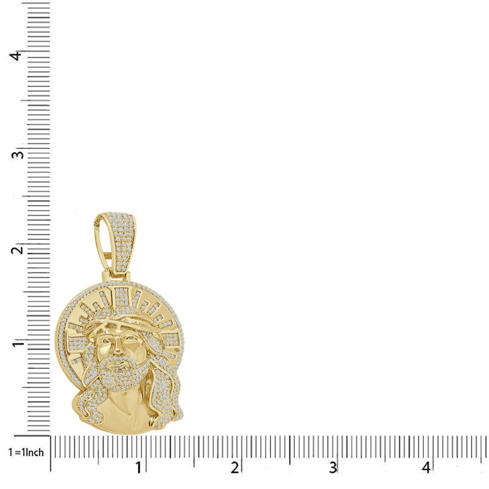 29+ Grams Big 2.35'' 14K Gold Over Round Cut Simulated Diamond Jesus Christ Face Piece Pendent Custom Charm Chain Set