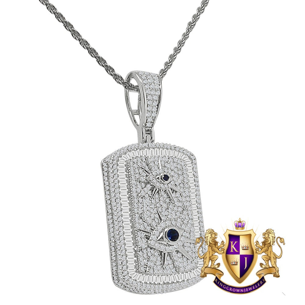 3D Baguette Round Cut Simulated Diamond 14K Gold Over 22+ Grams All Seen Eye Of Providence Dog Tag Charm Pendant Chain Set 2''