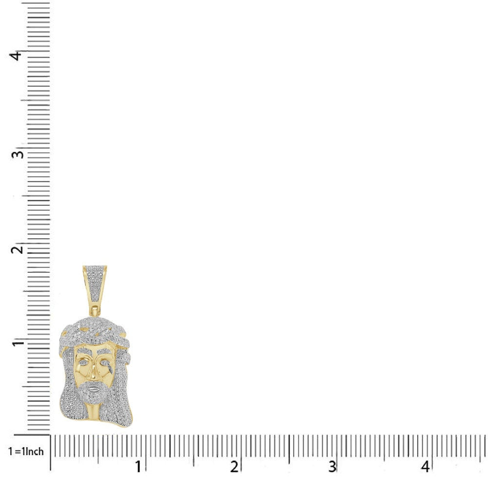 Genuine Natural Real Authentic Diamond 0.85 Cwt. Jesus Face Piece Pendent 10K Gold Over Unisex Religious Charm Chain Set Small 1.75''