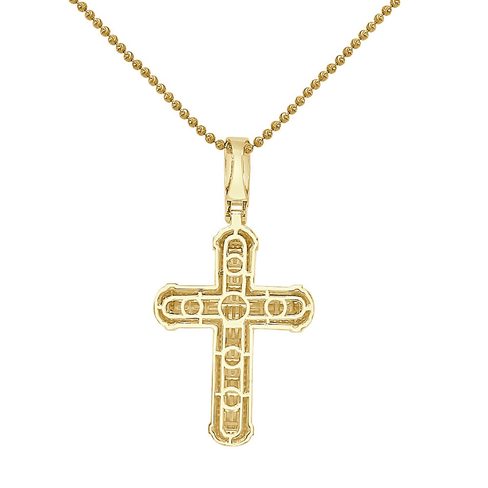 Genuine Authentic Italian Sterling Silver Baguette Round Cut Simulated Diamond 14K Gold Over Jesus Cross Pendent Charm Chain Set 2.25''