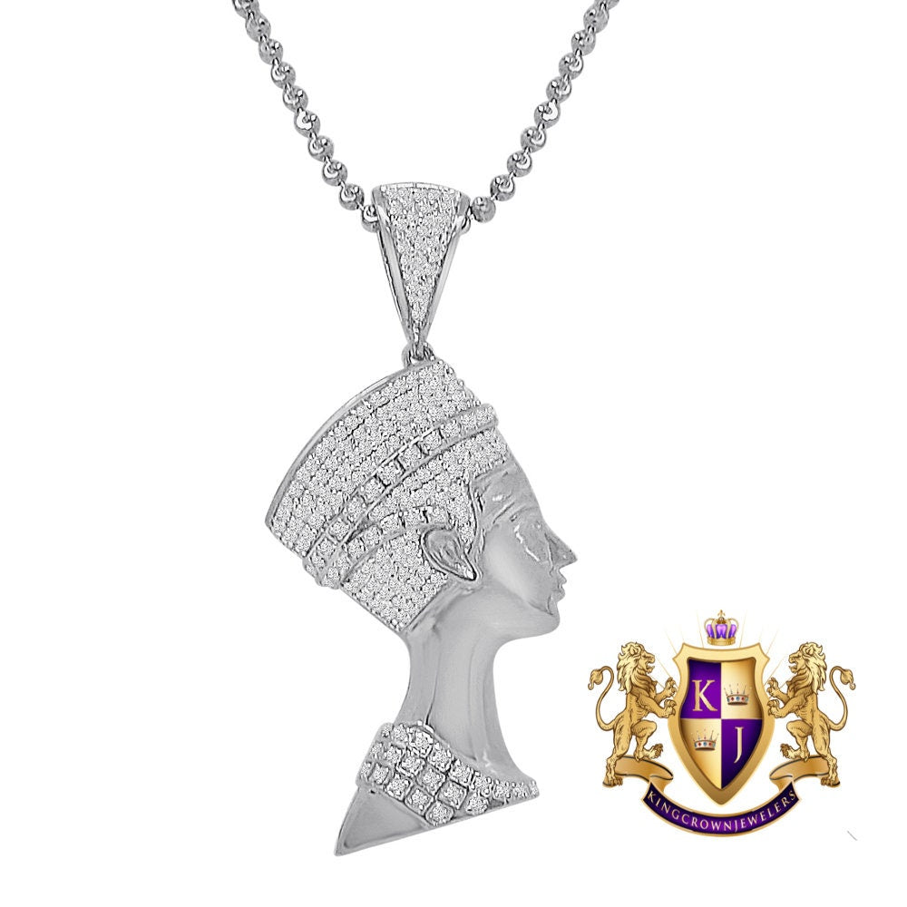 14K Gold On Real Sterling Silver Egyptian Queen Nefertiti Simulated Diamond Charm Unisex Pendant Chain Set 2.25''