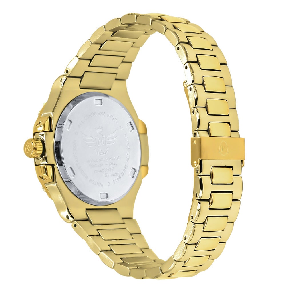 Men's Solid Stainless Steel Ruby Red Dial 18K 2 Tone Gold Simulated Diamond Handmade 5 ATM Water Resistance Luxury Watch W/Date 36mm