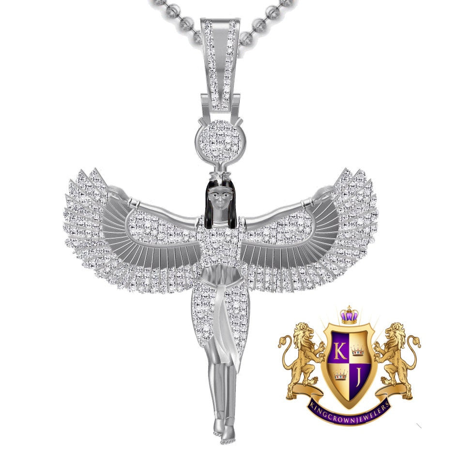 Real Genuine Diamond Ancient Egyptian Horus Sky Goddess God Isis Osiris Pendent 10K Gold Over Unisex Pharaoh Charm + Chain 25+ Grams 2.65''