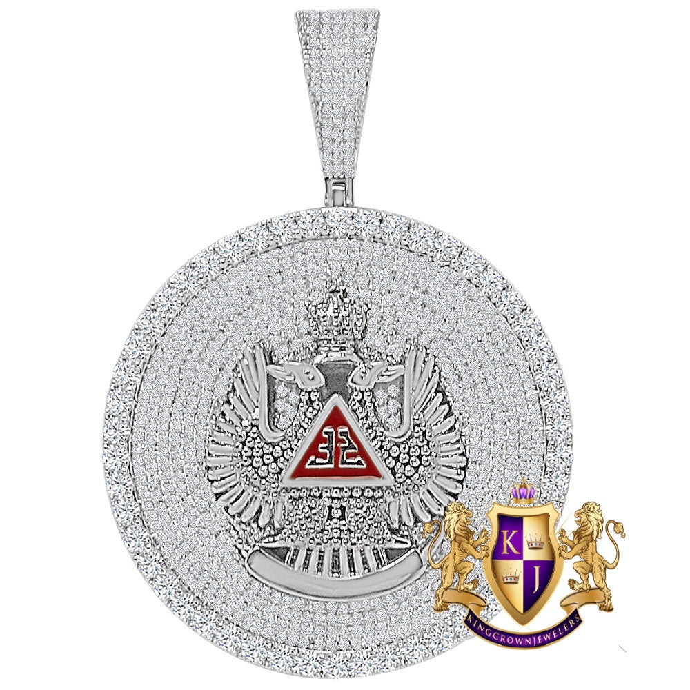 Men's 45+ Grams Big XL 3" Custom Piece 14K Gold Finish Simulated Diamond 32 Degree Masonic Scottish Rite Freemasonry Pendent Charm Medallion