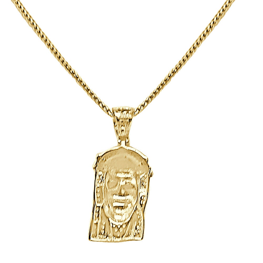 Mini Small 1.00'' Real Genuine Authentic Diamond Jesus Face Piece Cross Pendant 10K Gold Over Religious Unisex Charm Chain Set