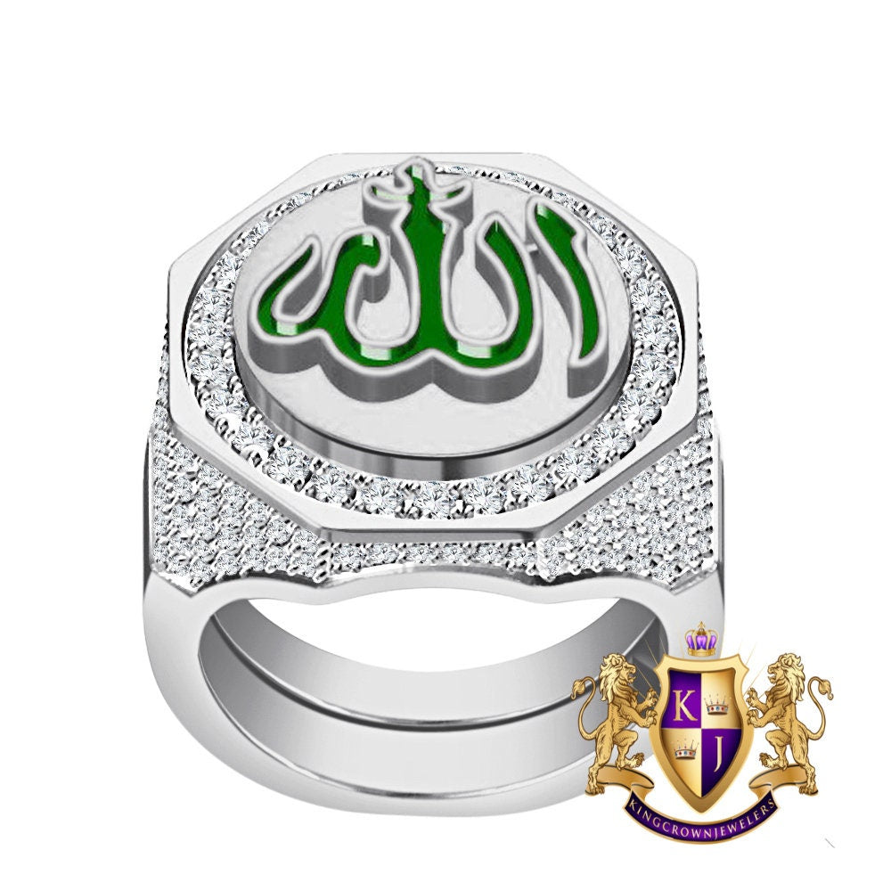 Men's Real Genuine Sterling Silver 14K Gold On Simulated Diamond Allah God Islamic Arabic Ring Big Bold 20mm Band (Adjustable Size 10 Up 12)
