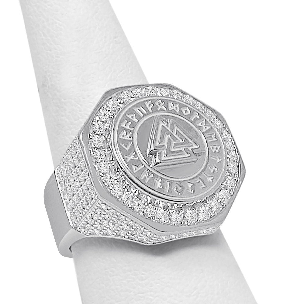 Men's Real Genuine Sterling Silver 14K Gold On Simulated Diamond Odin Norse Viking Valknut Triangle Ring Band (Adjustable Size 10 Up 12)