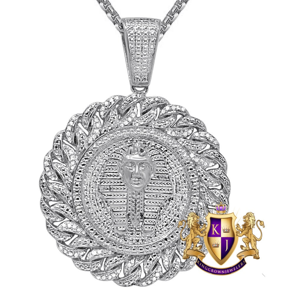 Real Genuine Authentic Diamond 0.50 Cwt. Egyptian Pharaoh King Tut Mummy 10k Gold Over Round Medallion Charm Pendant 2''