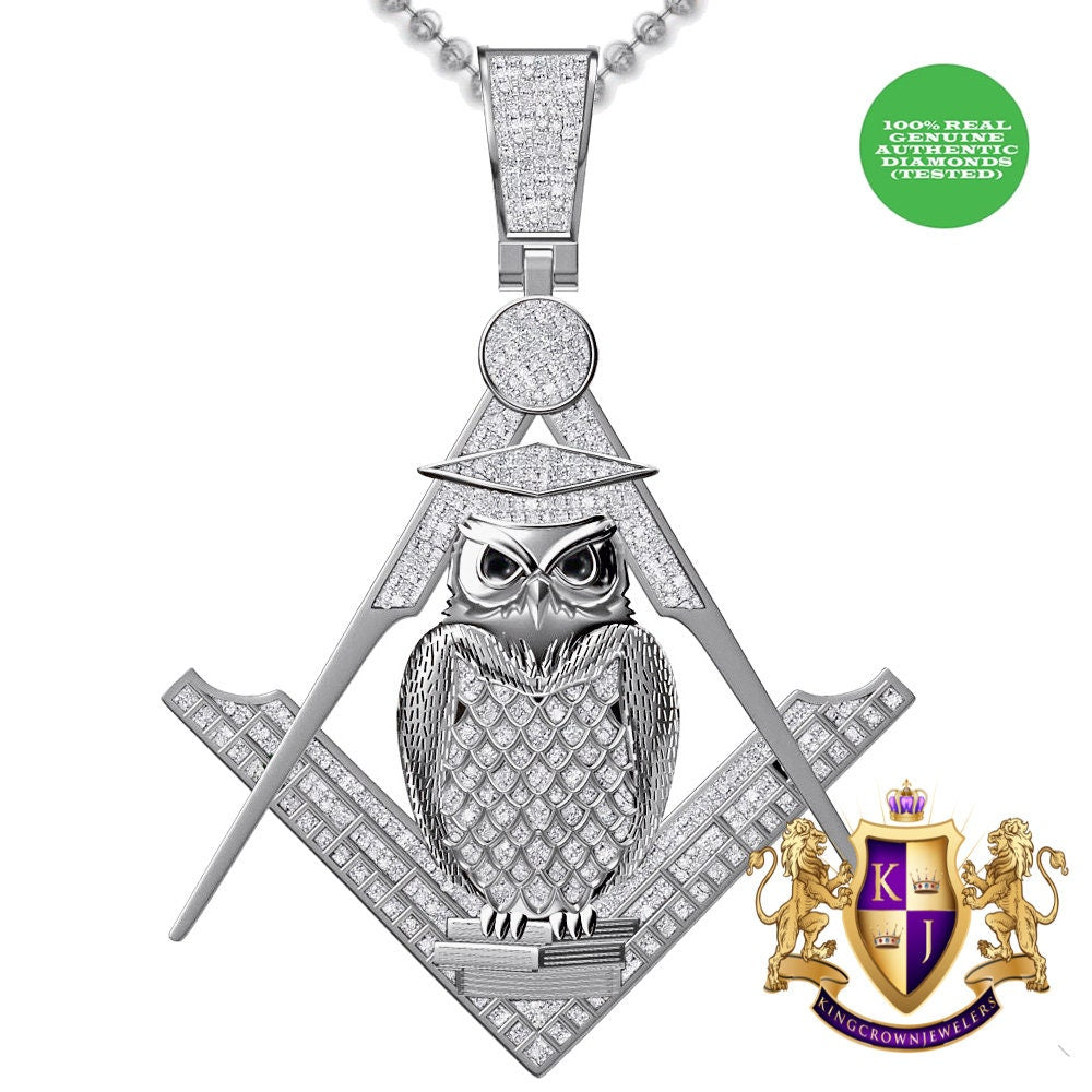 Real Genuine Diamond 0.60 Cwt. 24+ Grams Professor Owl Midnight Freemasonry Masonic G Compass Charm 10K Gold On Custom Pendent + Chain 2.5''