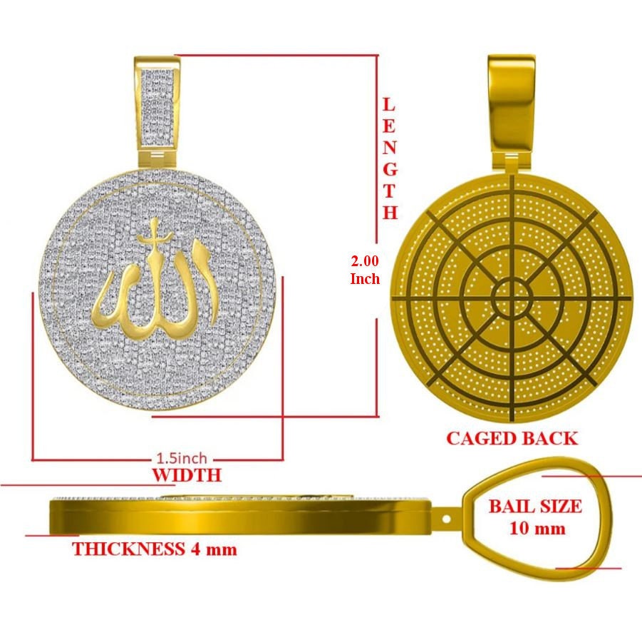 Real Genuine Authentic Diamond 1.25 Cwt. Allah God Muslim Islamic Arabic Round Medallion Charm 10k Gold Over Unisex Religious Pendent 2''