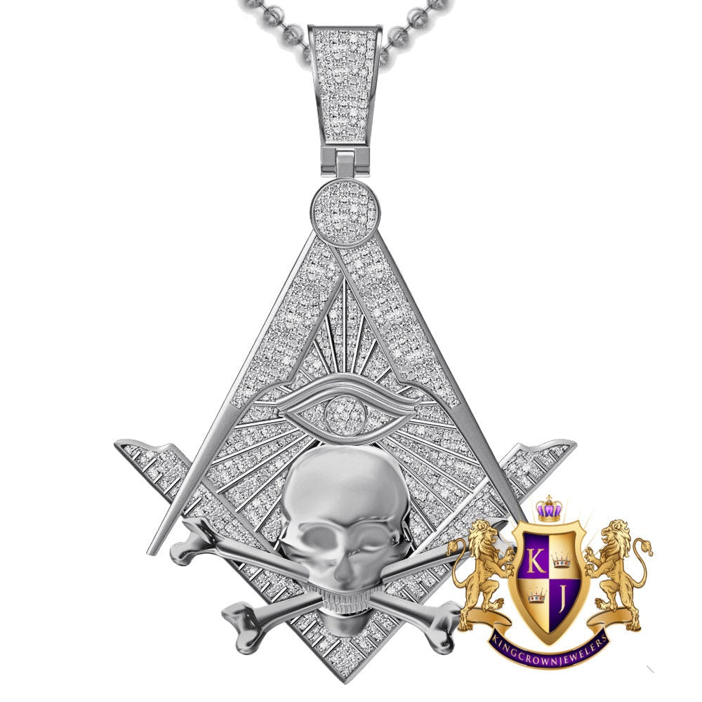 Real Diamond 0.60 Cwt. Masonic Skull Bones Freemasons Illuminati G Compass All Seeing Eye Of Providence Widows Sons Charm Pendant Chain Set