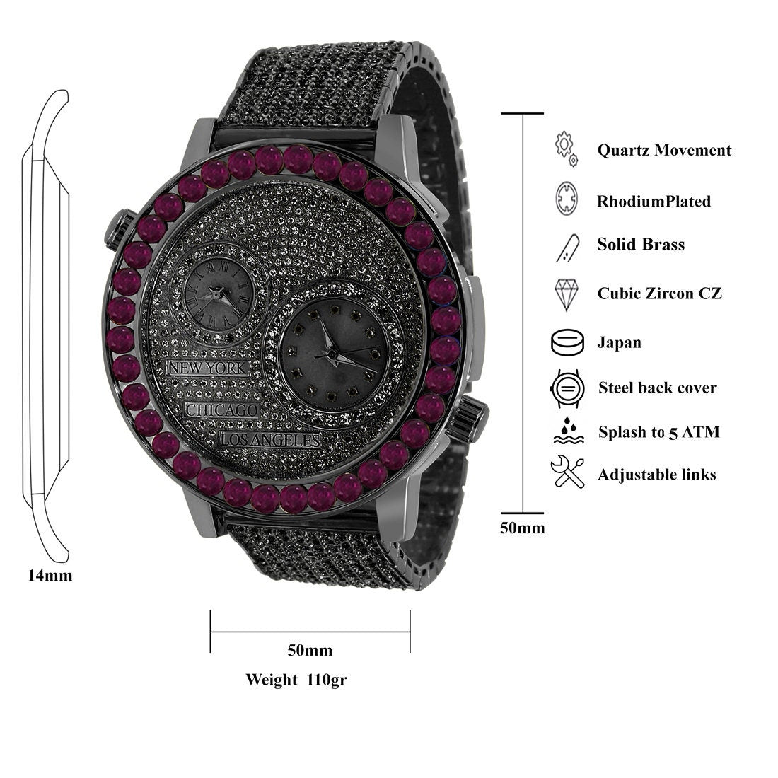 Men's Solitaire Fire Pink Dial Face Working Chronograph Diamond 18K Black Gold Finish Bezel Band Custom Luxury Watch Analog 45mm W/Date