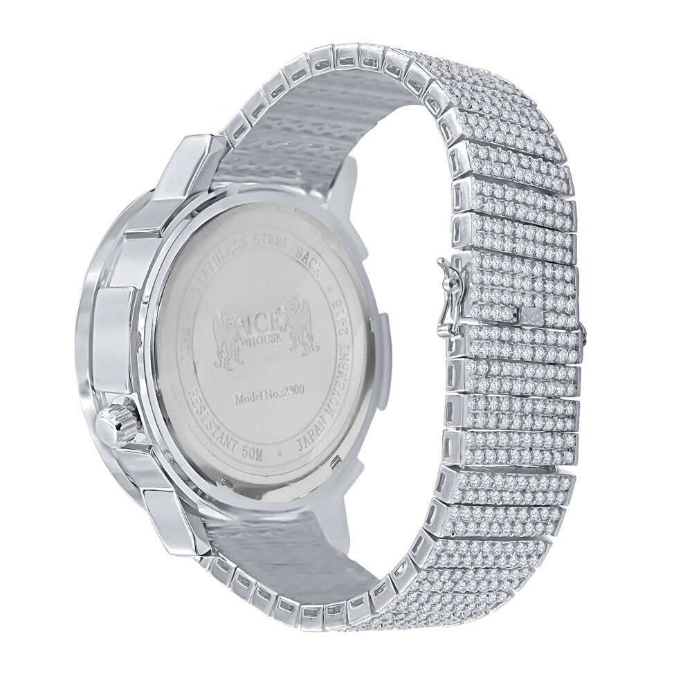 Men's Solitaire Fire Pink Dial Face Working Chronograph Diamond 18K White Gold Finish Bezel Band Custom Luxury Watch Analog 45mm W/Date