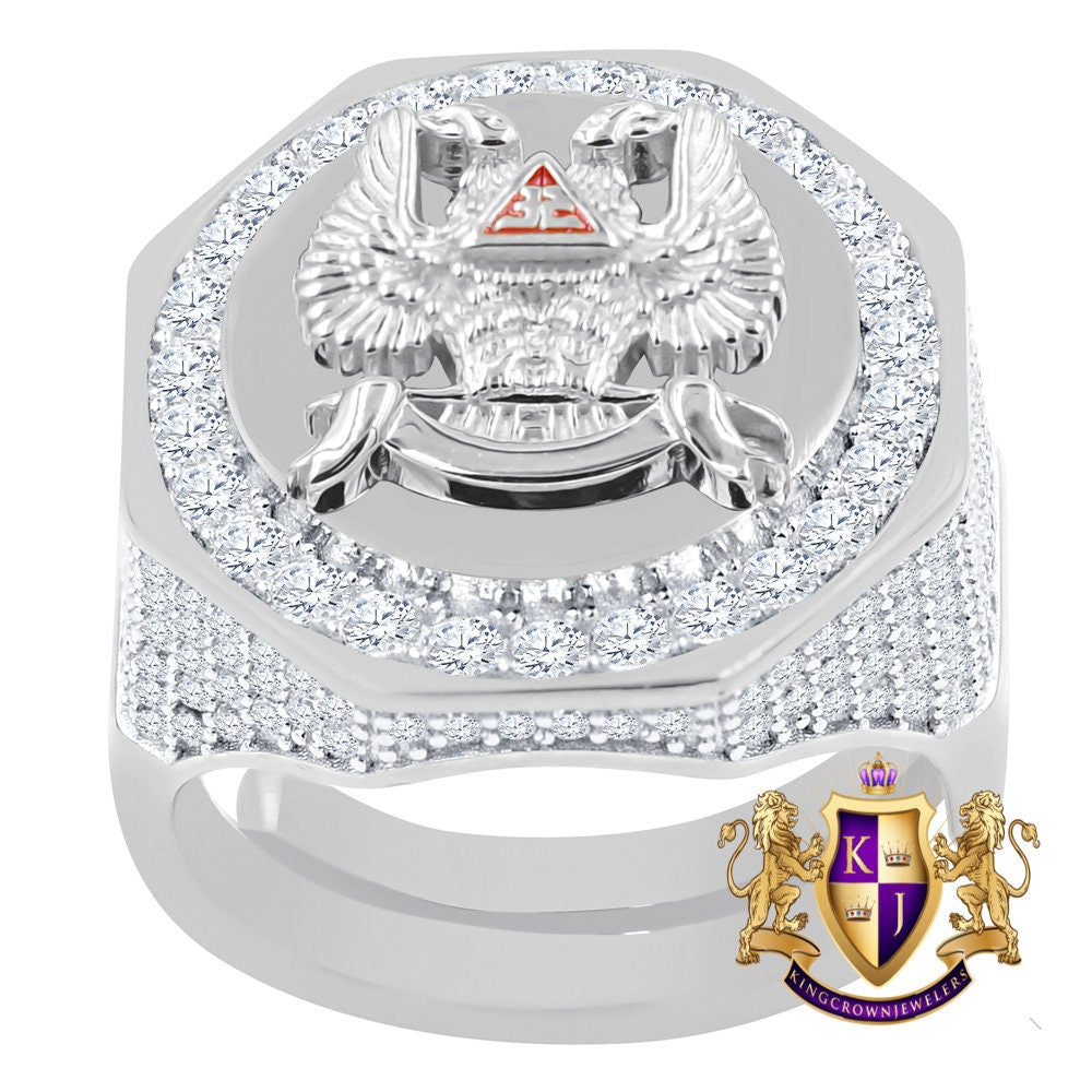 Men's Real Sterling Silver 14K Gold Over Lab Diamond Eagle 32 Degree Masonic Scottish Rite Freemasonry Ring Band (Adjustable Size 10 Up 12)