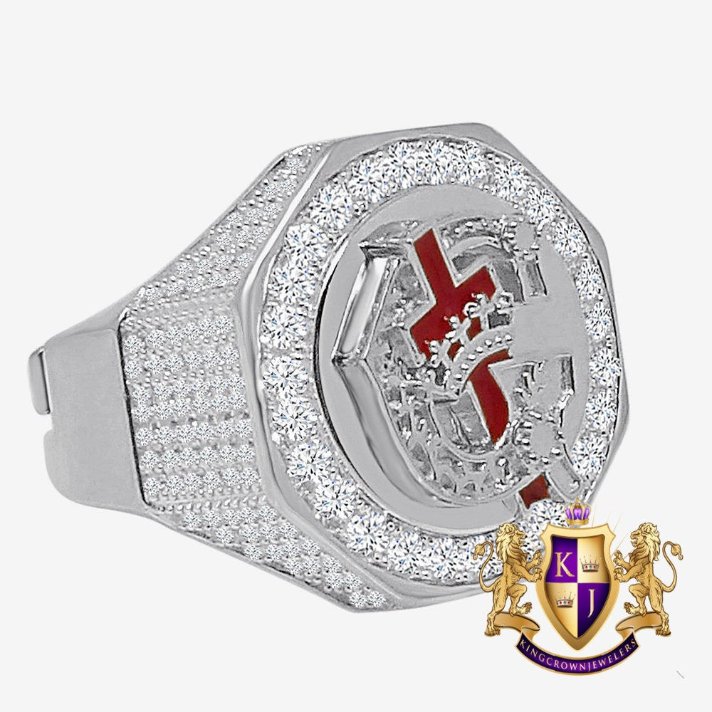 Men's Real Sterling Silver 14K Gold Over Simulated Diamond Knights Templar Masonic Freemason Ring Band (Adjustable Size 10 Up 12)