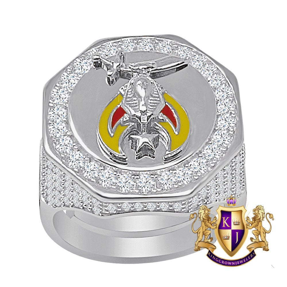 Men's Real Silver 14K Gold Over Lab Diamond Prince Hall Shrine Freemasonry Masonic Freemason Shriners Ring Band (Adjustable Size 10 Up 12)