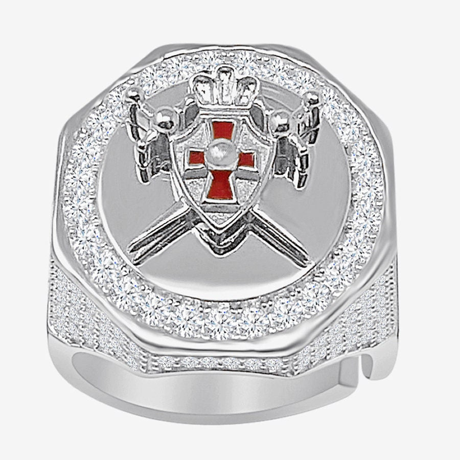 Men's Real Silver 14K Gold On Lab Diamond Knight Templar Masonic Shield and Sword Freemasonry Freemason Band Ring (Adjustable Size 10 Up 12)