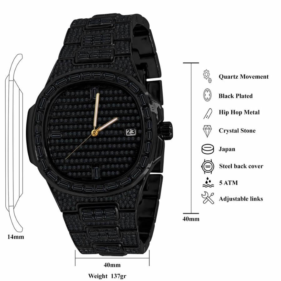 Men's 5 ATM Water Resistant Solid Steel Back Baguette/Round Cut Simulated Diamond 18K Black Gold Finish Watch 40mm W/Date Function