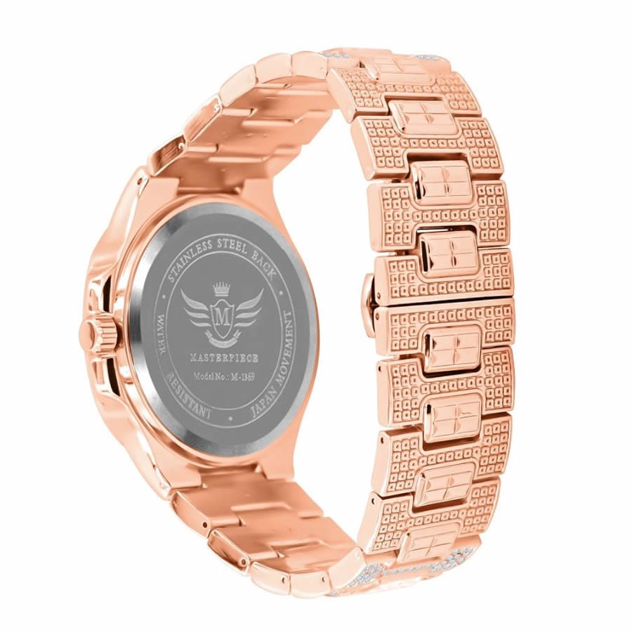 Men's 5 ATM Water Resistant Solid Steel Back Baguette/Round Cut Simulated Diamond 18K Rose Gold Finish Watch 40mm W/Date Function