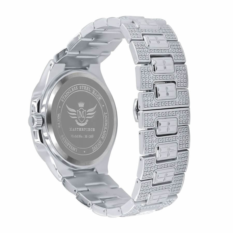 Men's 5 ATM Water Resistant Solid Steel Back Baguette/Round Cut Simulated Diamond 18K White Gold Finish Watch 40mm W/Date Function