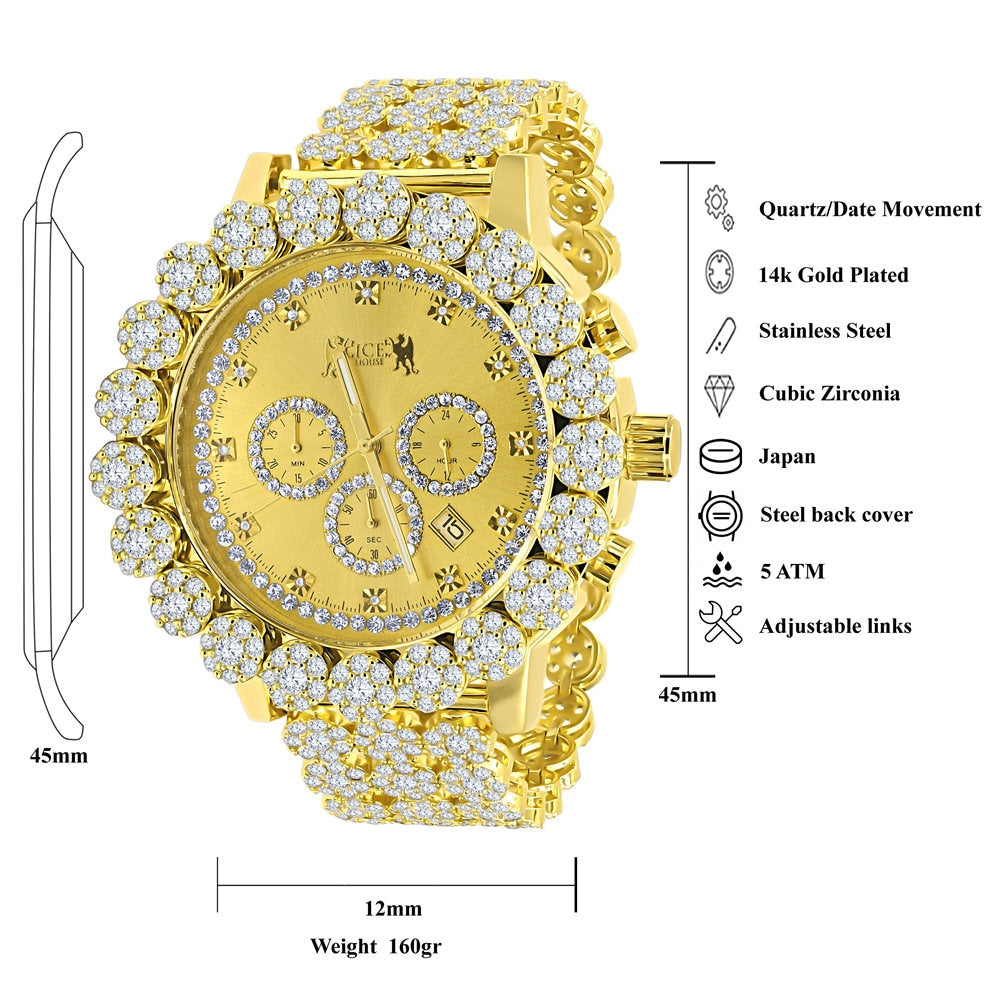 Men's 18K Yellow Gold Finish Simulated Diamond 5 ATM Water Resistant Solid Steel Back Flower Custom Band Bezel Watch XL 55mm W/Date Function