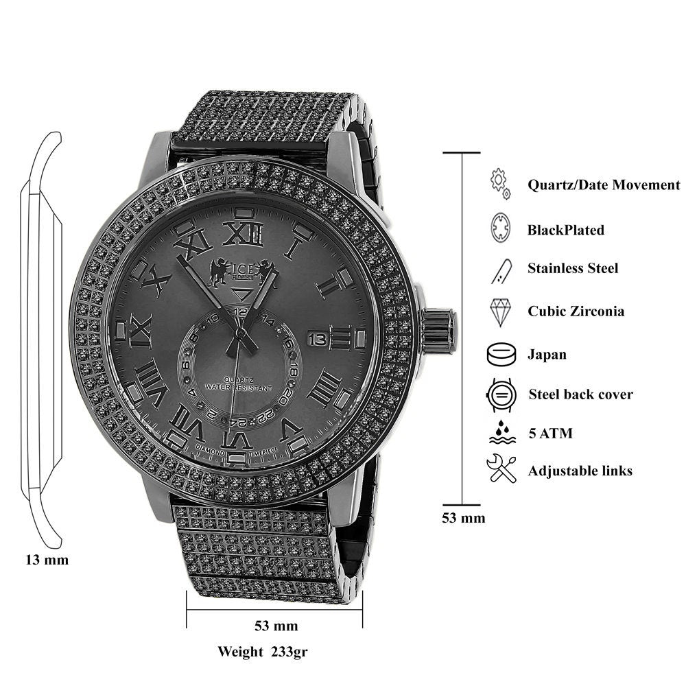 Men's Full Solid Stainless Steel 18K Black Gold Finish Simulated Diamond 5 ATM Water Resistant Custom Watch With Date Function Big 54 mm