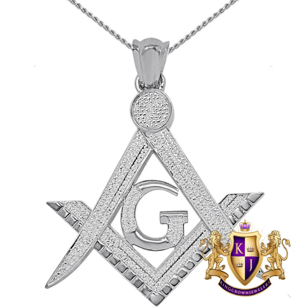 Real Genuine Authentic Diamond 23 + Grams Freemason Masonic G Compass Unisex Charm 10K Solid Over Finish Custom Pendant Chain Set 2"