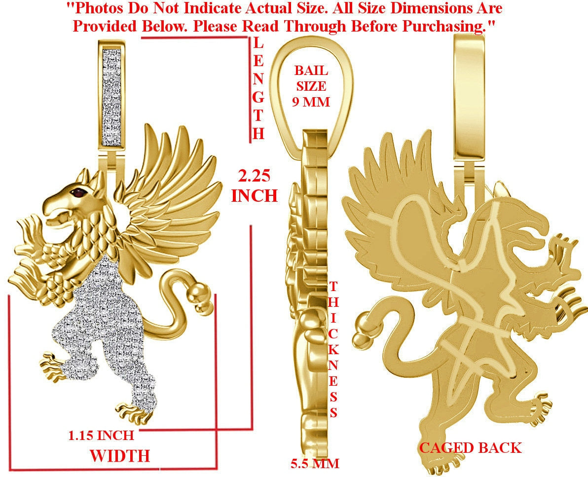 Real Genuine Authentic Diamond 0.65 Cwt. 24+ Grams Winged Griffin Lion Pagan Welsh Dragon Gryphon Greek Pendant 10K Gold On Charm Chain Set