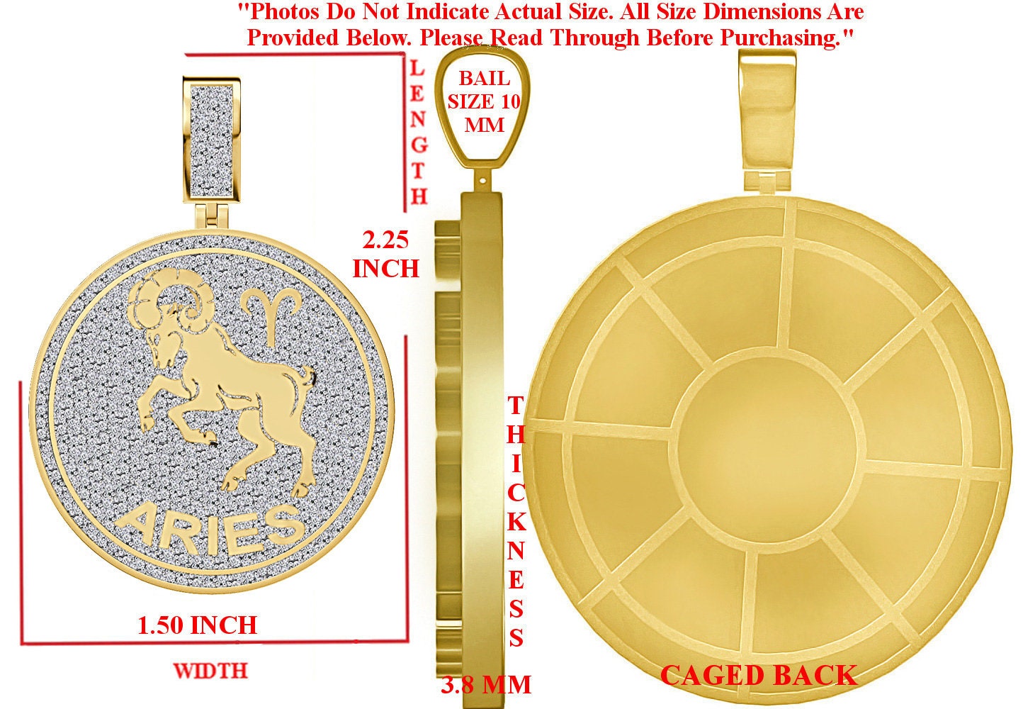 Real Genuine 2.50 Cwt. VVS1 Natural MOISSANITE Diamond Zodiac Sign Aries Ram Astrology Horoscope Charm 10K Solid Gold Over Pendant 2.25''